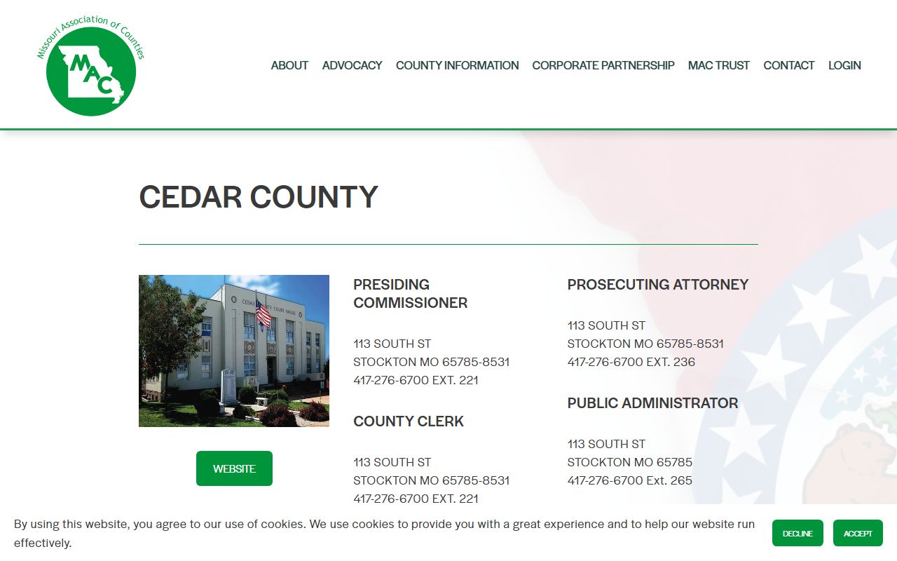 Missouri Counties directory for Cedar County property tax records