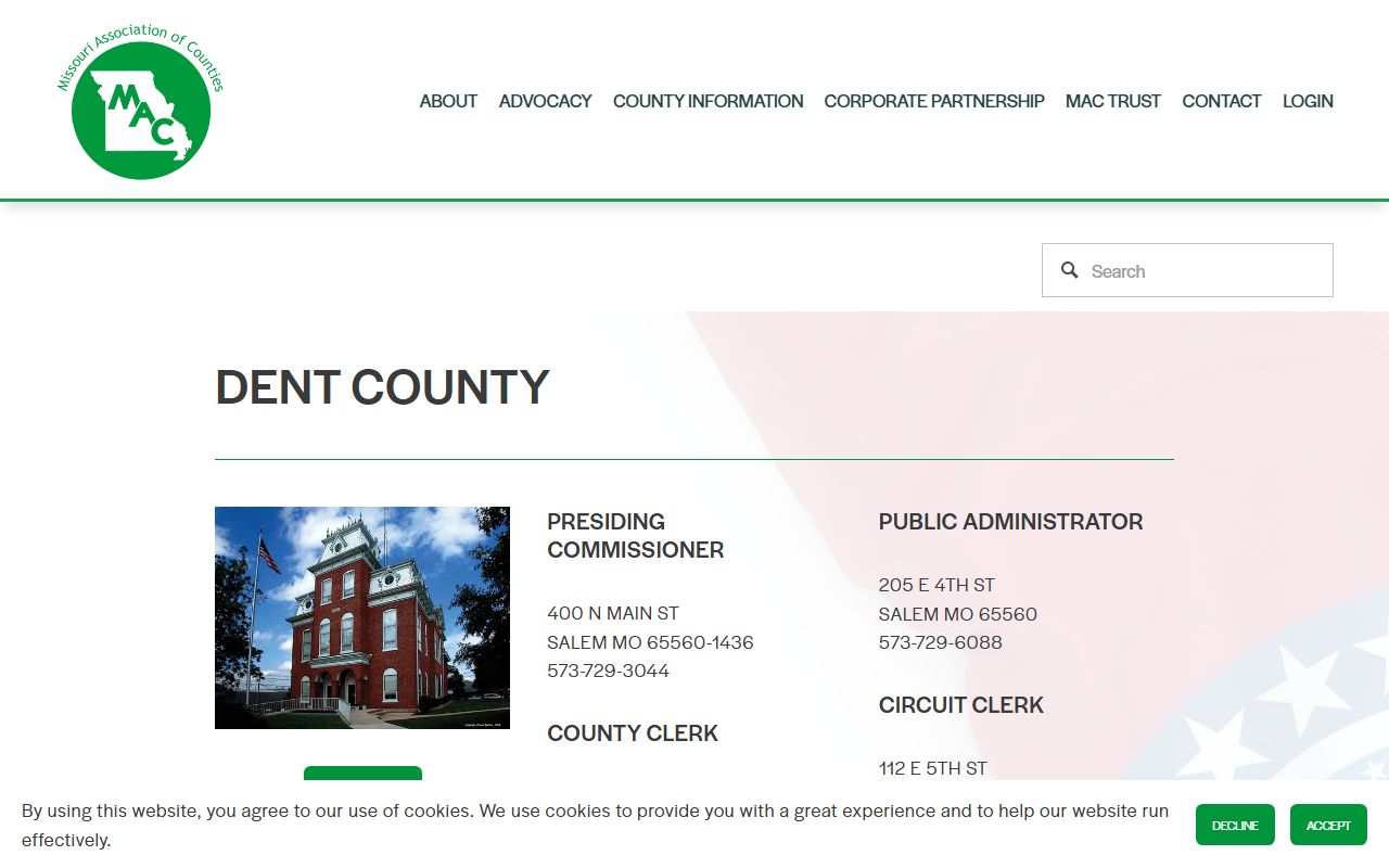 Missouri Counties directory for Dent County property tax records