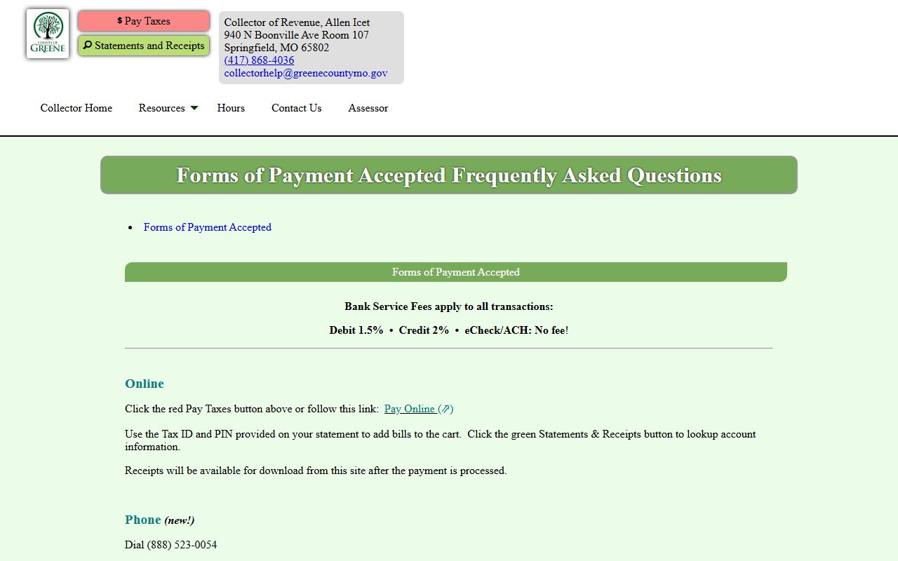 Greene County Collector payment FAQ for property tax records