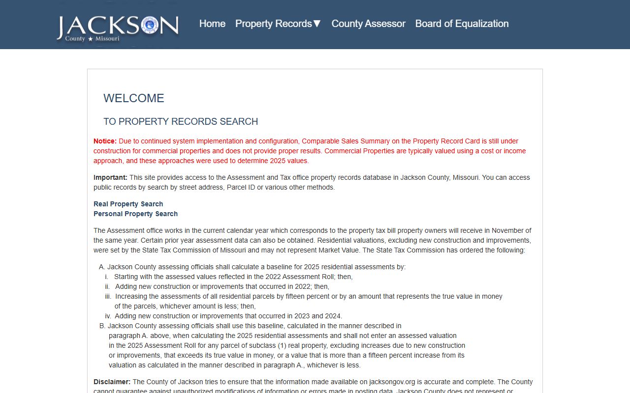 Jackson County property records database for property tax records