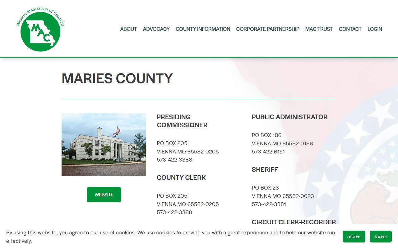 Missouri Counties directory for Maries County property tax records