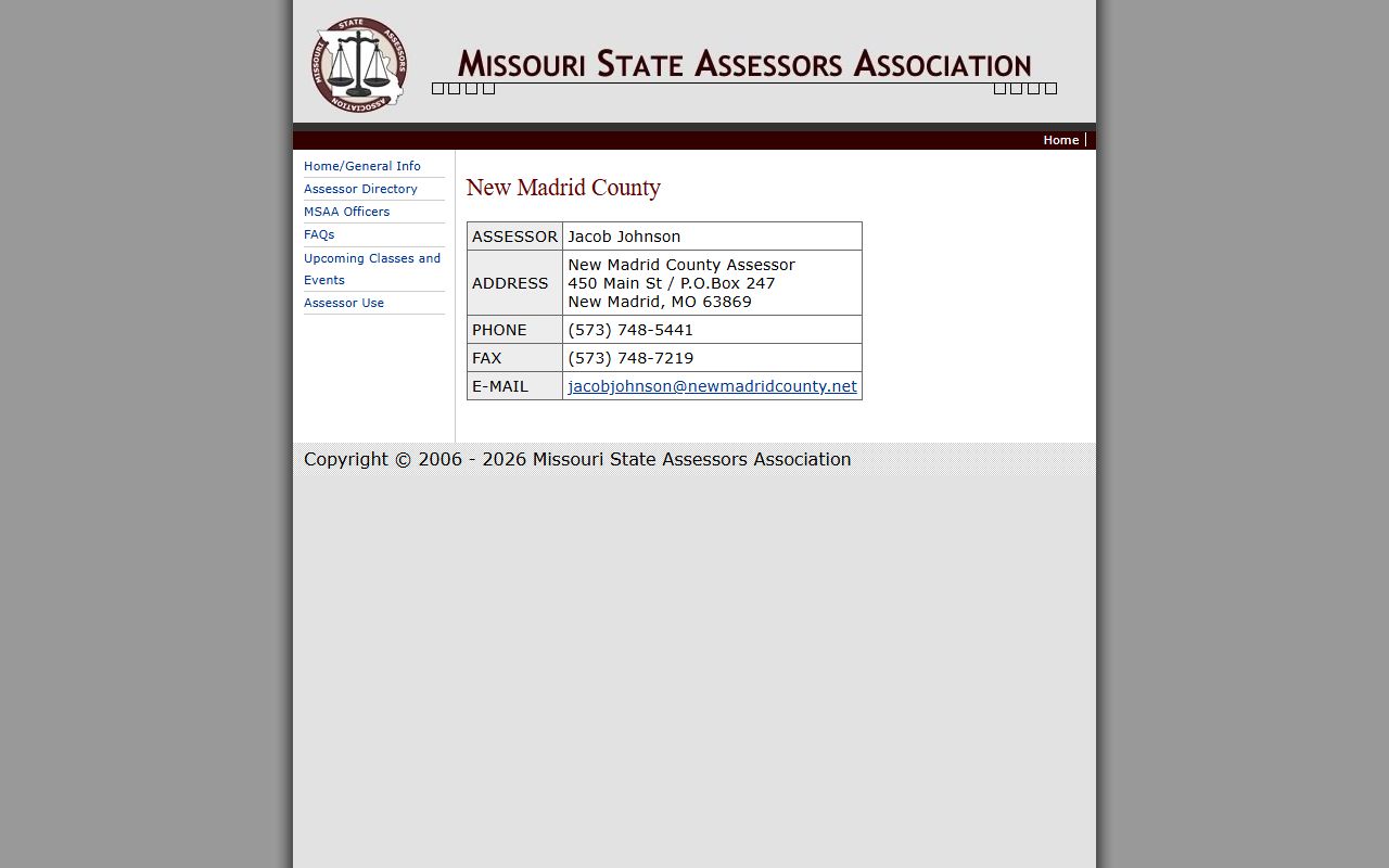 Missouri Assessors Association page for New Madrid County property tax records