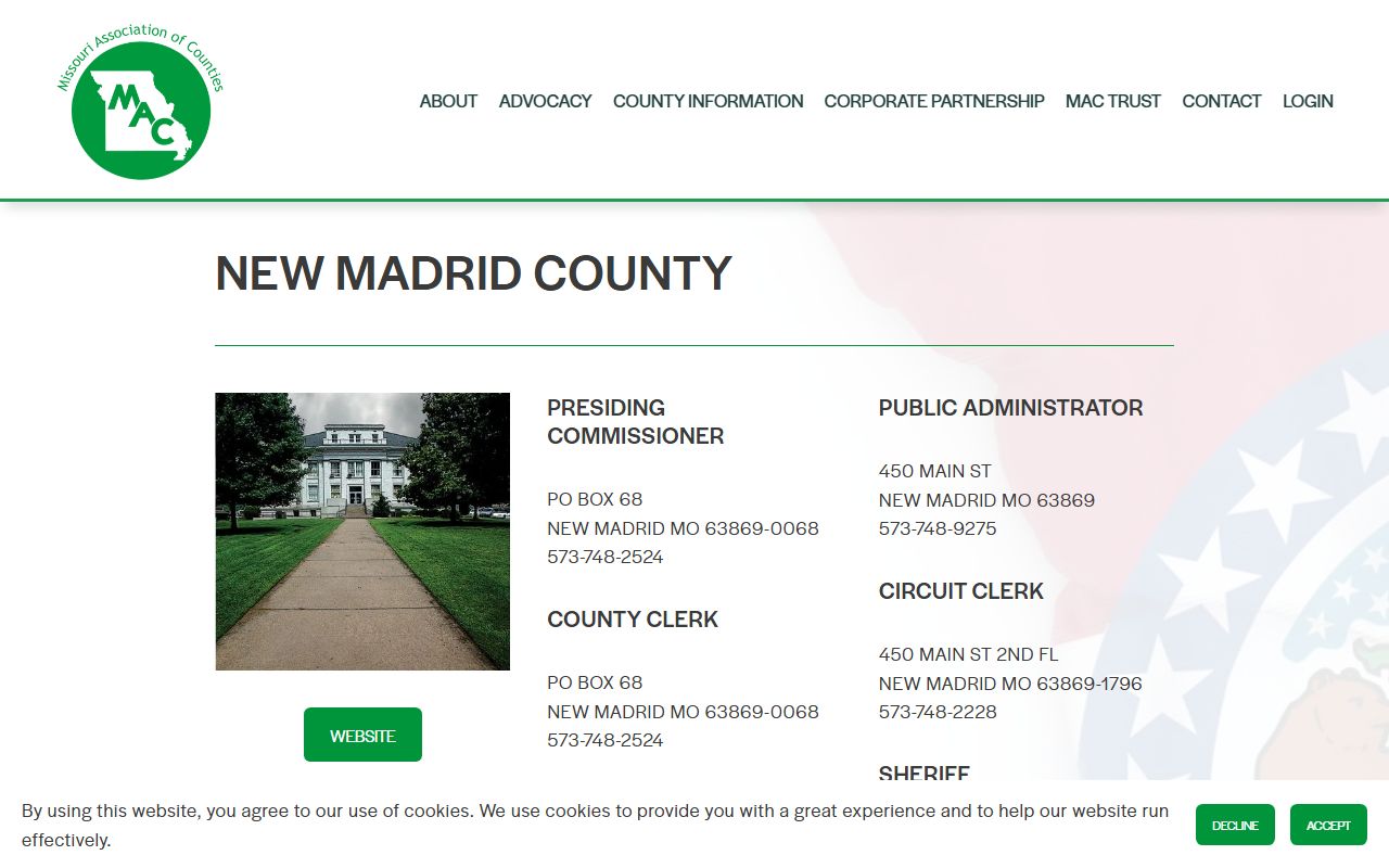 Missouri Counties directory for New Madrid County property tax records