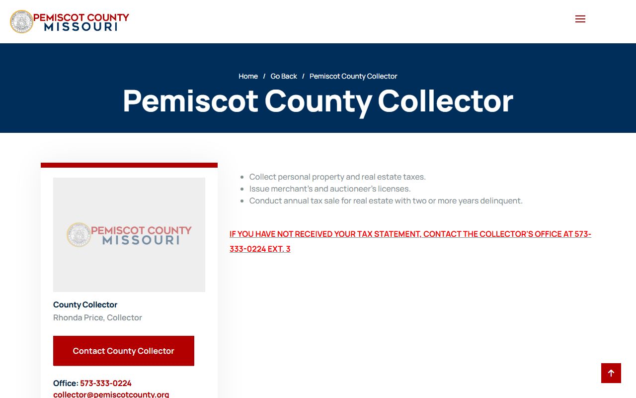 Pemiscot County Collector page for property tax records